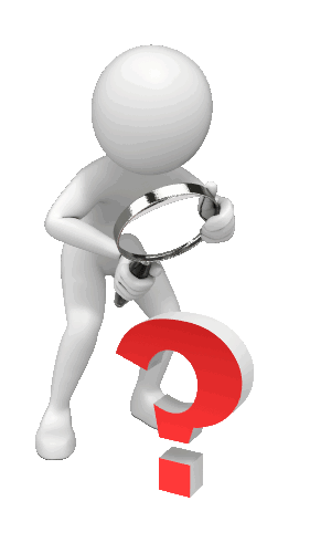 An animated figure of man looking through magnifying glass to a question mark.