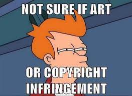 Philip Fry- Futurama giving a suspicious look. Underlying text says: Not sure if art or copyright infringement