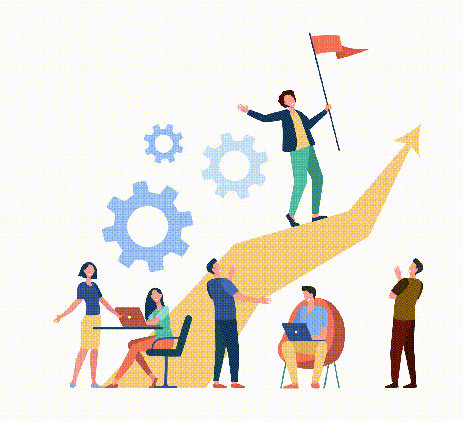An animation depicting a group of students making progress in a healthcare administration program.