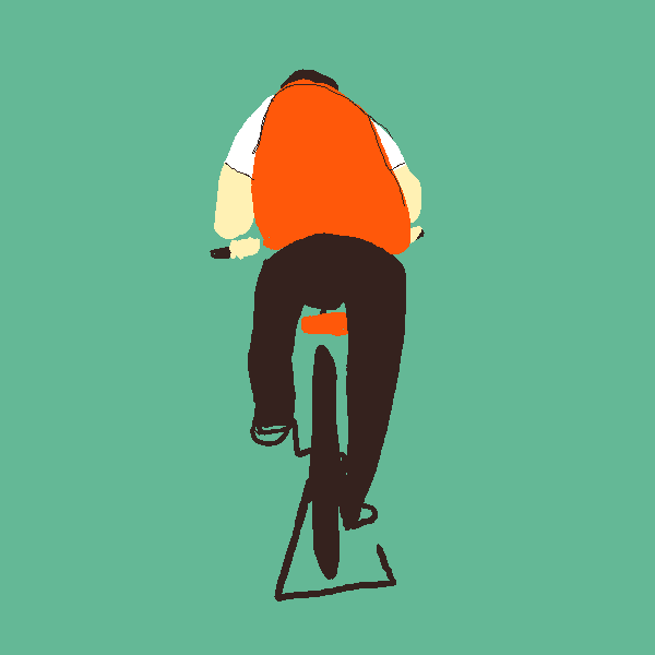 GIf of man from behind riding a bicycle on a kickstand. 