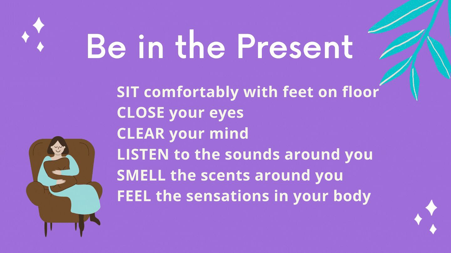 A smiling woman sits on an arm chair. The text explains how to be in the present (see the audio player below for details)