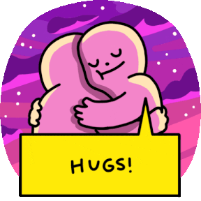Two round, pink shaped cartoon figures hug. The word hugs is below.
