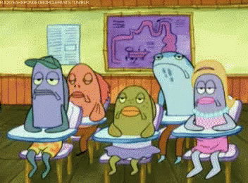 A bored, dreary-eyed classroom of cartoon fish. The green fish in the middle's head drops his head face first into the desk. 
