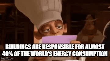 A cartoon chef is alarmed at the statistic that buildings are responsible or 40% of the world's energy consumption.