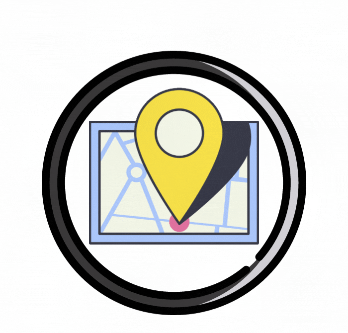 Black and white outlined circle with animated yellow location pin inside on a map.