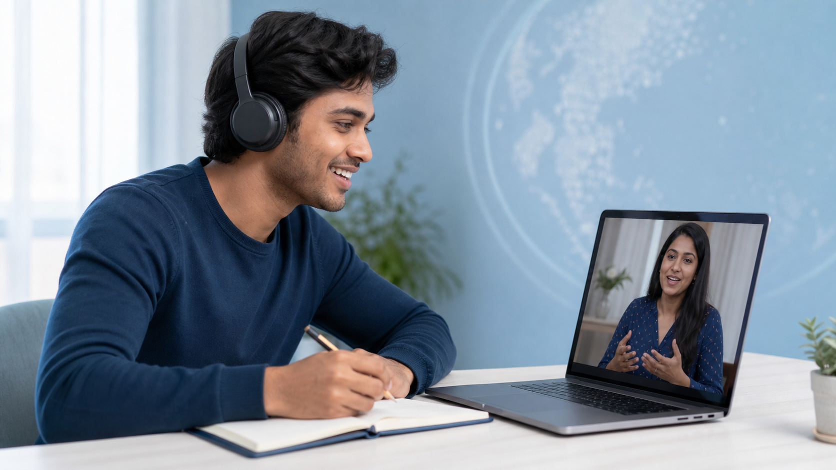 A learner attending a live online language class