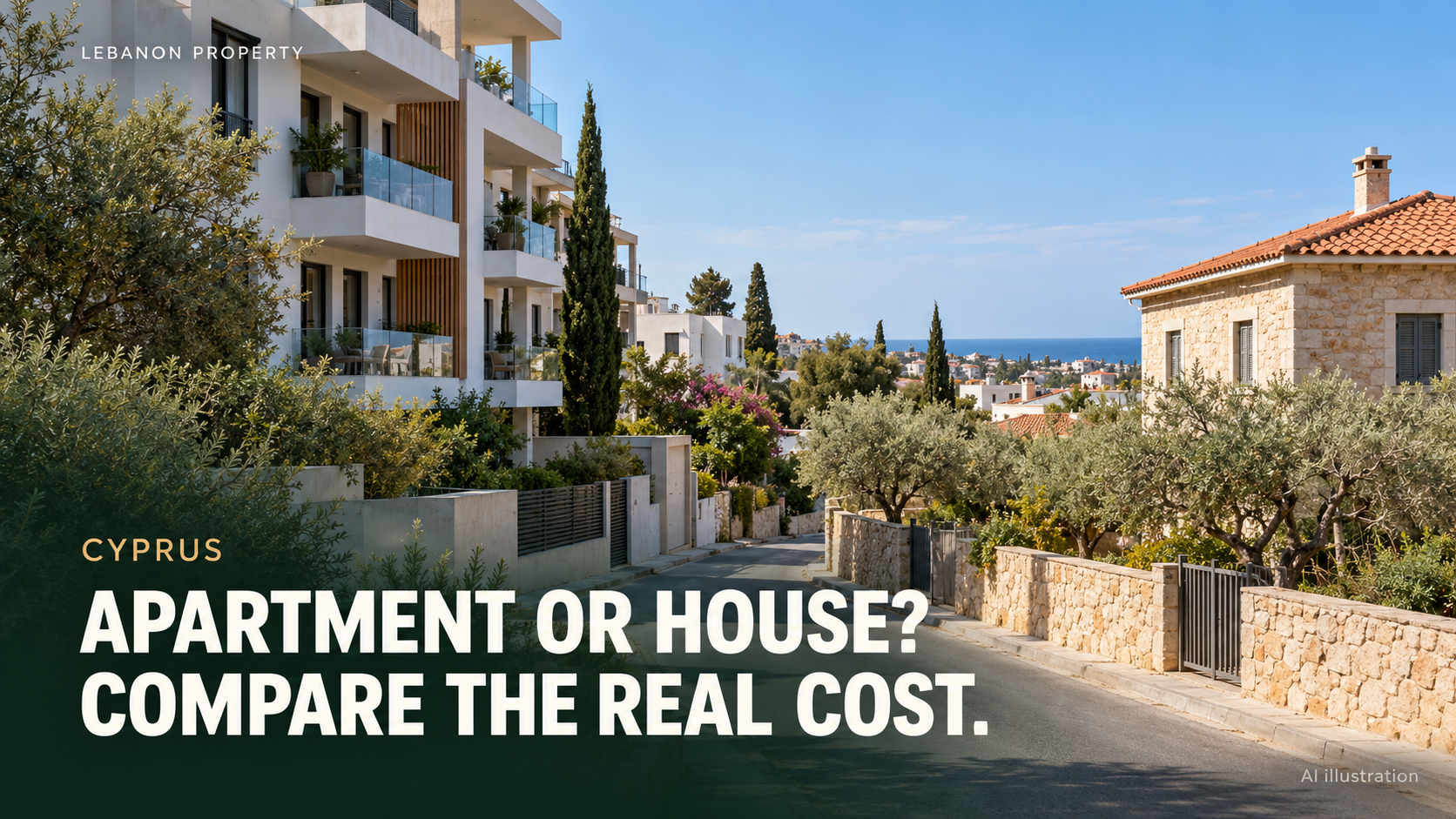 Photorealistic AI-generated cyprus property cover. Headline: APARTMENT OR HOUSE? COMPARE THE REAL COST.