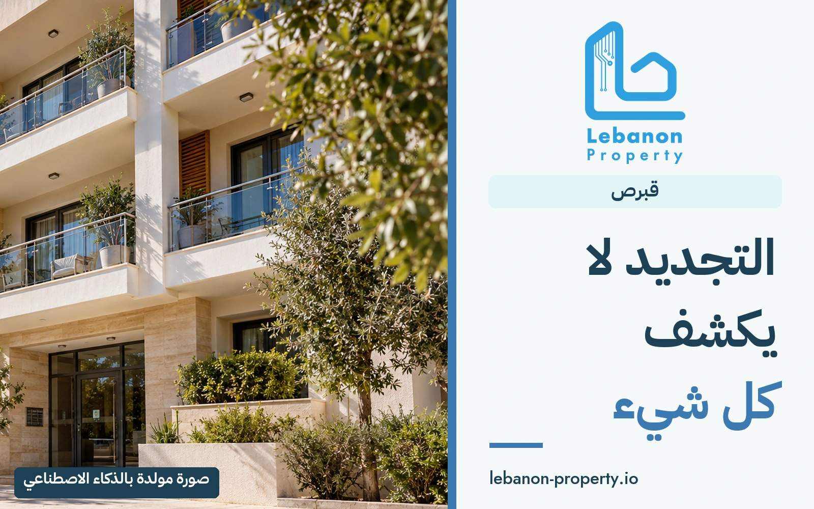 صورة عقارية توضيحية مولّدة بالذكاء الاصطناعي تحمل شعار Lebanon Property الأصلي. العنوان: التجديد لا يكشف كل شيء