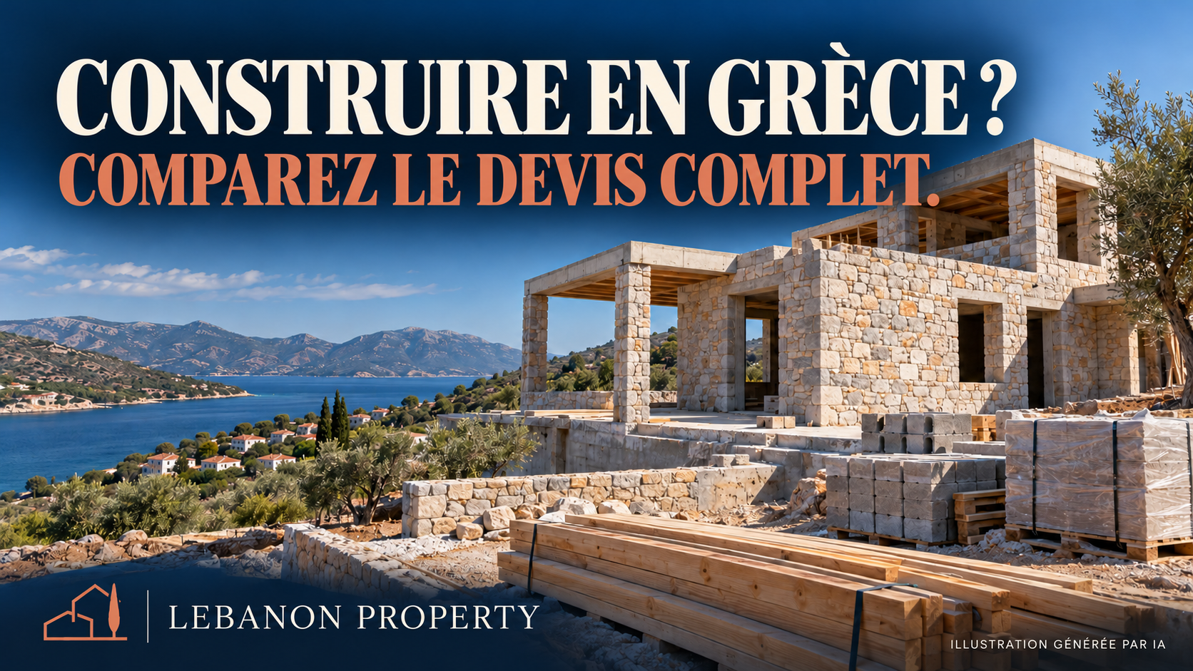 Illustration générée par IA d’un chantier résidentiel grec imaginaire, avec maçonnerie inachevée, matériaux rangés et accroche sur le devis complet.