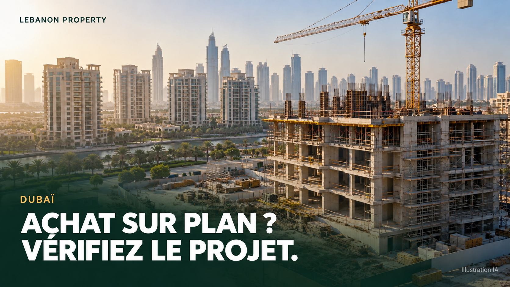 Couverture immobilière photoréaliste générée par IA. Accroche : ACHAT SUR PLAN ? VÉRIFIEZ LE PROJET.