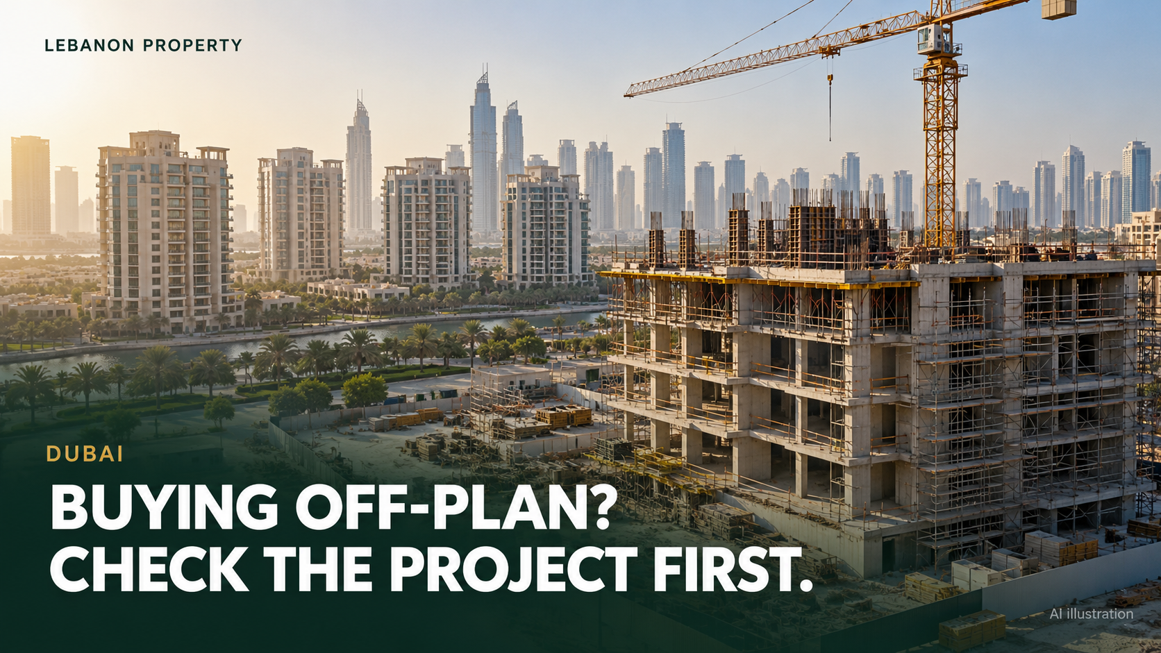 Photorealistic AI-generated dubai property cover. Headline: BUYING OFF-PLAN? CHECK THE PROJECT FIRST.