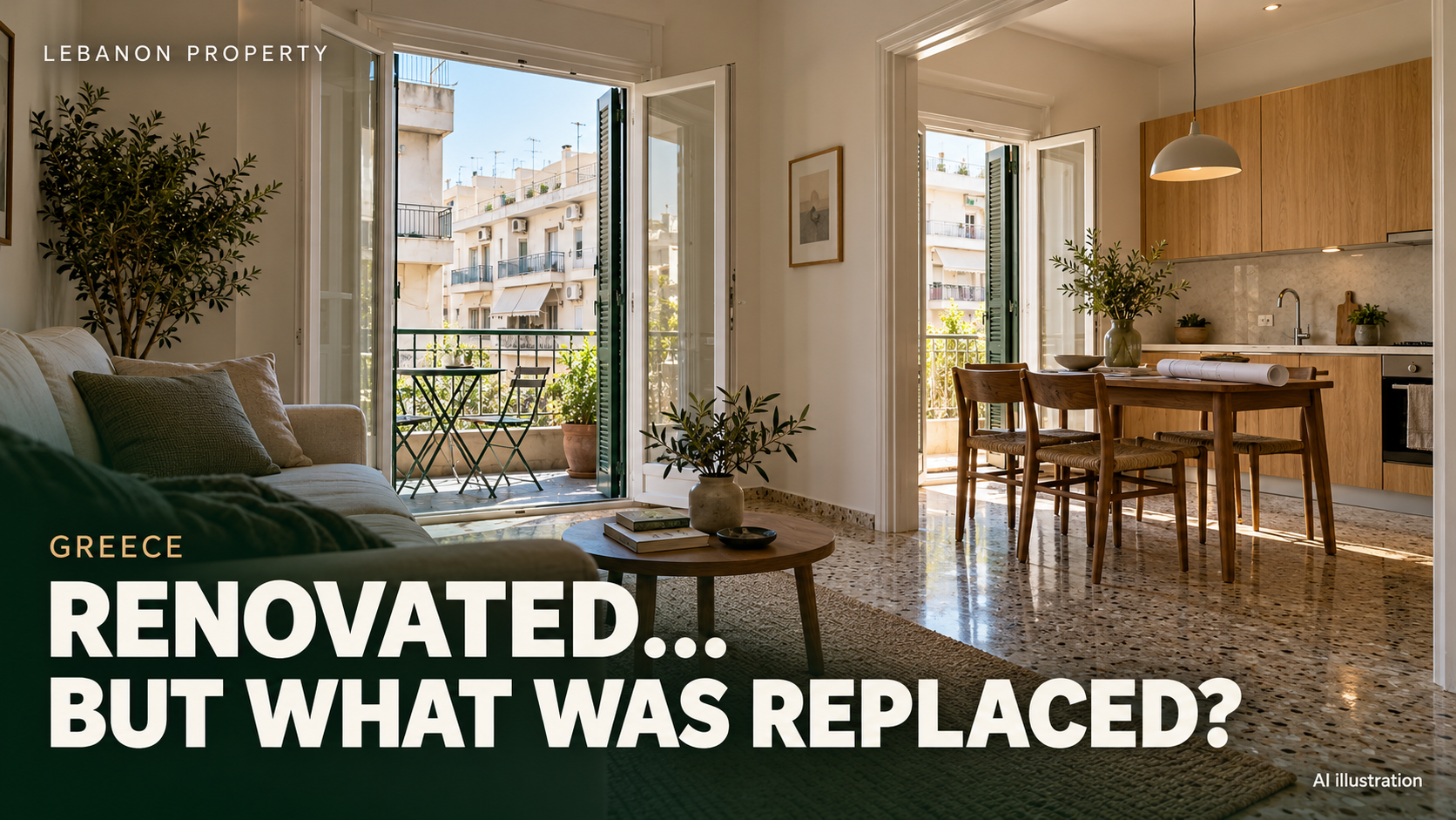 Photorealistic AI-generated greece property cover. Headline: RENOVATED… BUT WHAT WAS REPLACED?