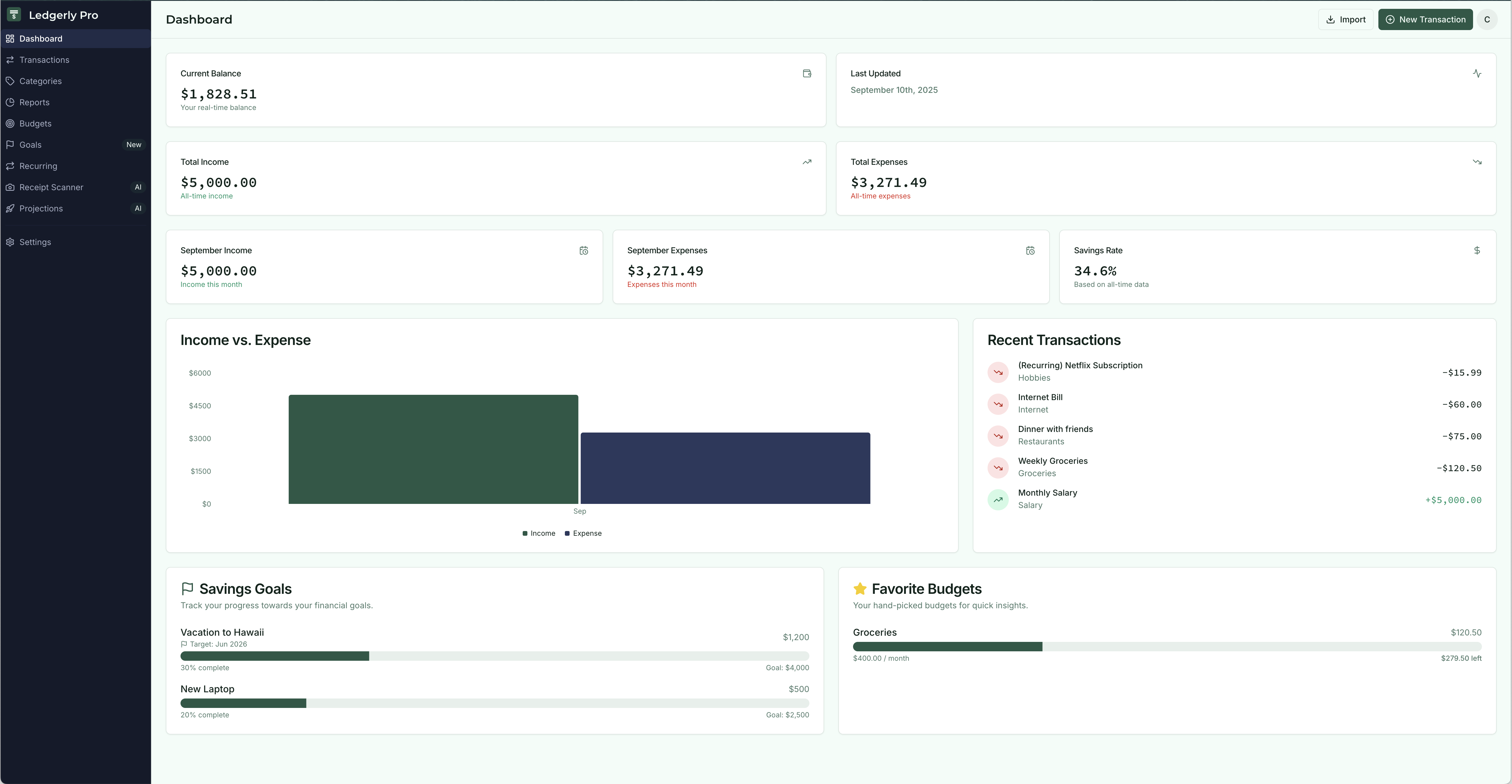 A sleek dashboard for the Ledgerly Pro application, showing financial charts and data.