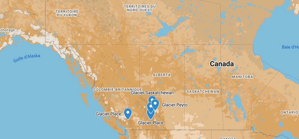 Carte des cinq glaciers surveillés au Canada. Carte : Francopresse avec My Maps