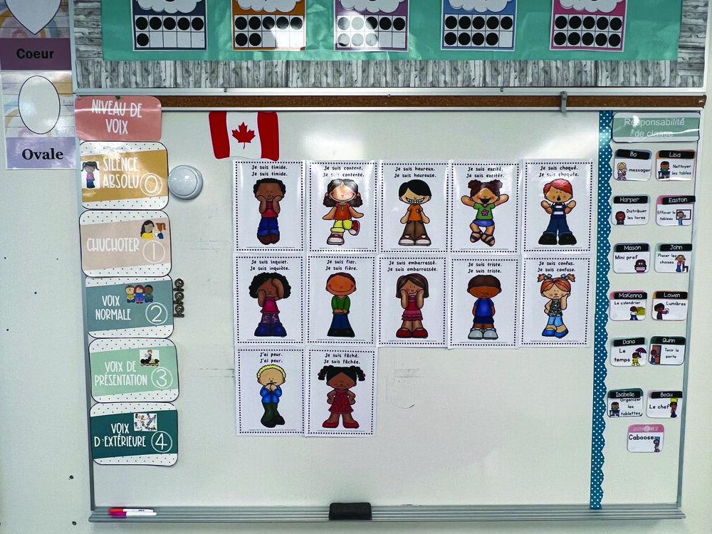 En entrant dans une classe de maternelle d’immersion française à l’école Routhier, on découvre un outil pédagogique visuel concernant le comportement des élèves. Crédit : Isaac Lamoureux