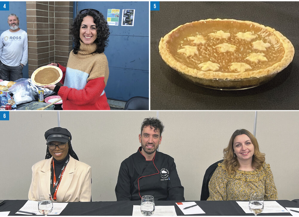 4. Rachel Gagnon, la gagnante pour la région de Red Deer, sourit fièrement à côté de sa tarte au sucre. Crédit : Courtoisie 5. La tarte au sucre gagnante. Crédit : Isaac Lamoureux. 6. (De gauche à droite) Les trois juges du concours provincial : Emmanuella Kondo, Anthony Cucchiara et Tanya Saumure. Crédit : Isaac Lamoureux. 