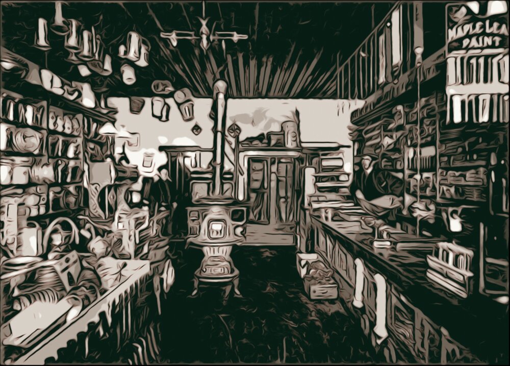 Le magasin général et son poêle à bois. Crédit : Courtoisie - Archives provinciales de l’Alberta