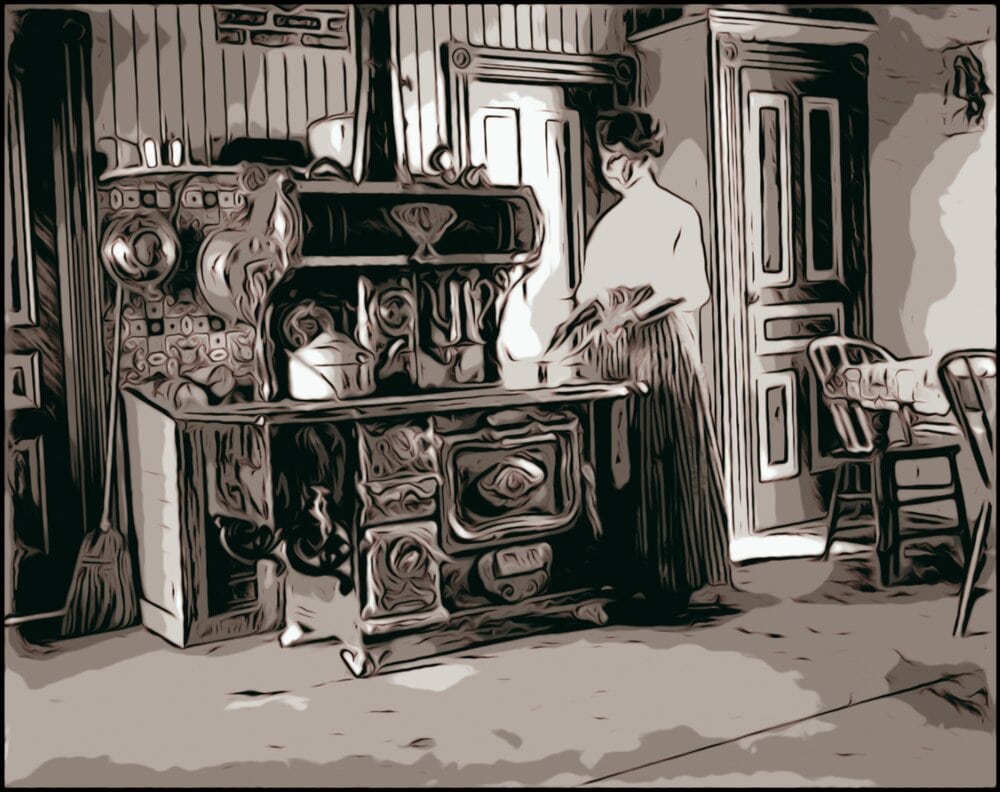 Clarisse près de la cuisinière à bois. Crédit : Courtoisie - Archives provinciales de l’Alberta