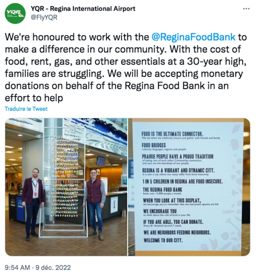 Sur le compte Twitter de l’aéroport international de Regina, les contenus sont rédigés uniquement en anglais. Crédit : Capture d’écran
