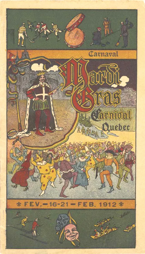 Page couverture du programme du «Carnaval Mardi gras Carnival» de Québec de 1912. Crédit : Quebec Daily Telegraph, 1912. Domaine public au Canada