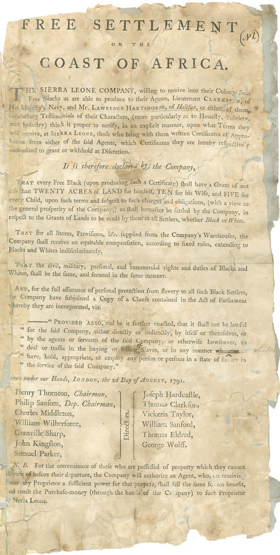 Document datant du 2 août 1791 de la Sierra Leone Company, compagnie britannique, invitant les Noirs de la Nouvelle-Écosse à s’établir en Sierra Leone. Crédit : Archives de la Nouvelle-Écosse