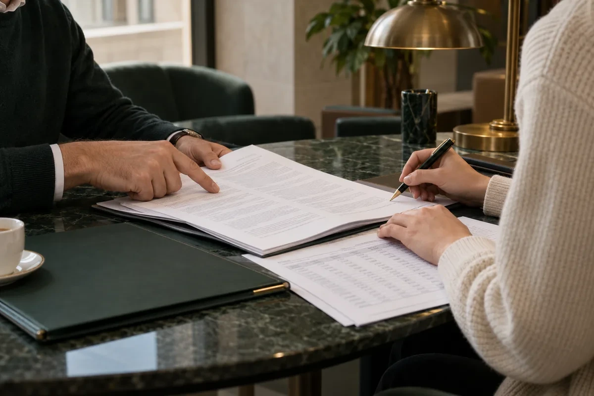 Două persoane verifică împreună clauzele unui contract de credit.