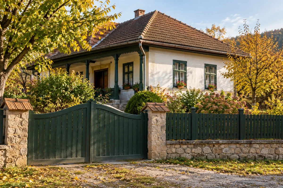 Casă tradițională cu prispă, grădină și poartă din lemn, într-o zi de toamnă.