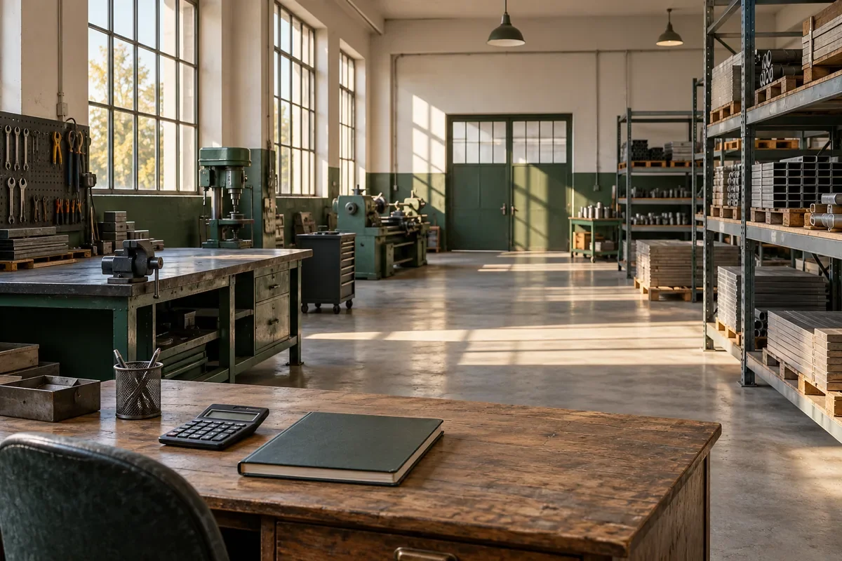 Atelier de prelucrare a metalelor, fără persoane, cu un registru închis și un calculator pe birou.