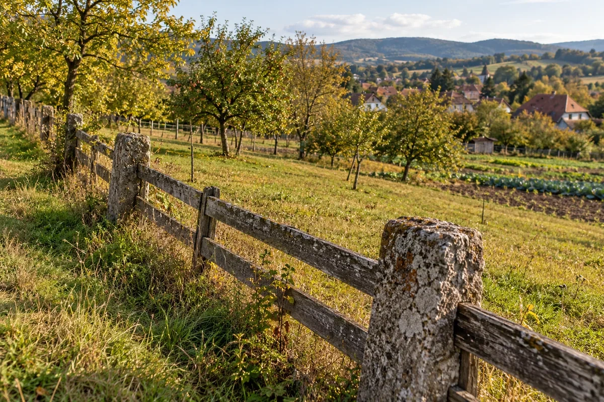 Gard vechi din lemn și stâlpi de piatră la marginea unui teren cu livadă.