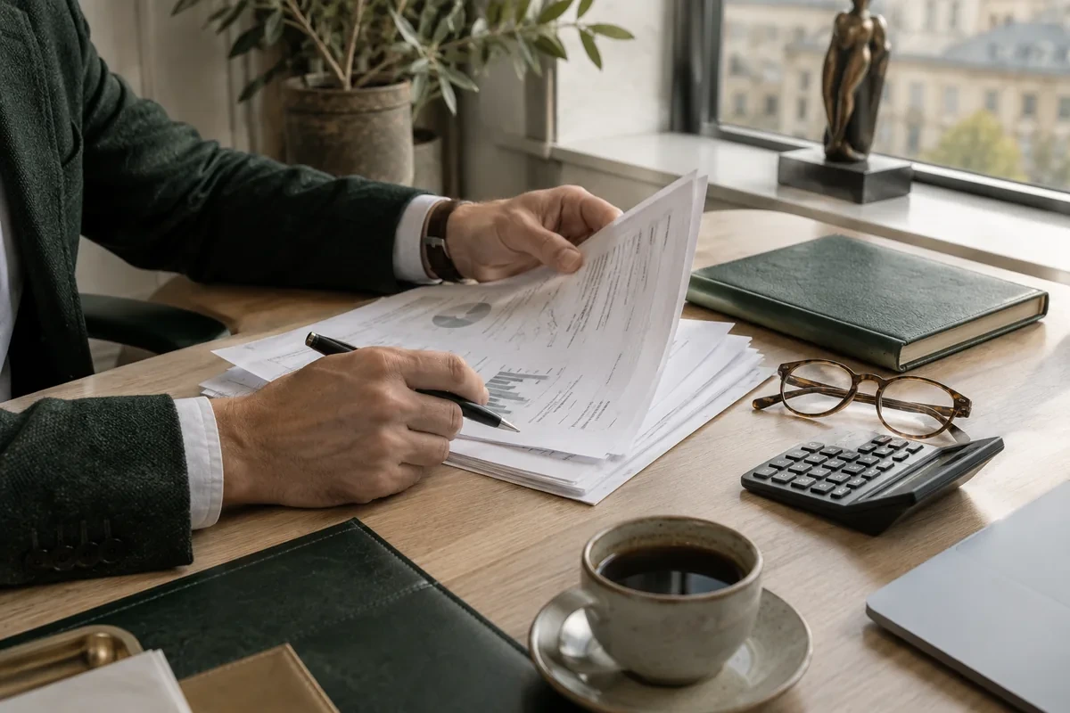 Administrator care verifică documentele financiare ale companiei.