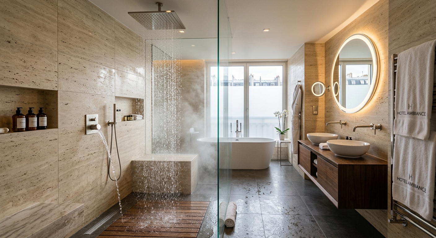 Modern hotel bathroom with a walk-in rainfall shower