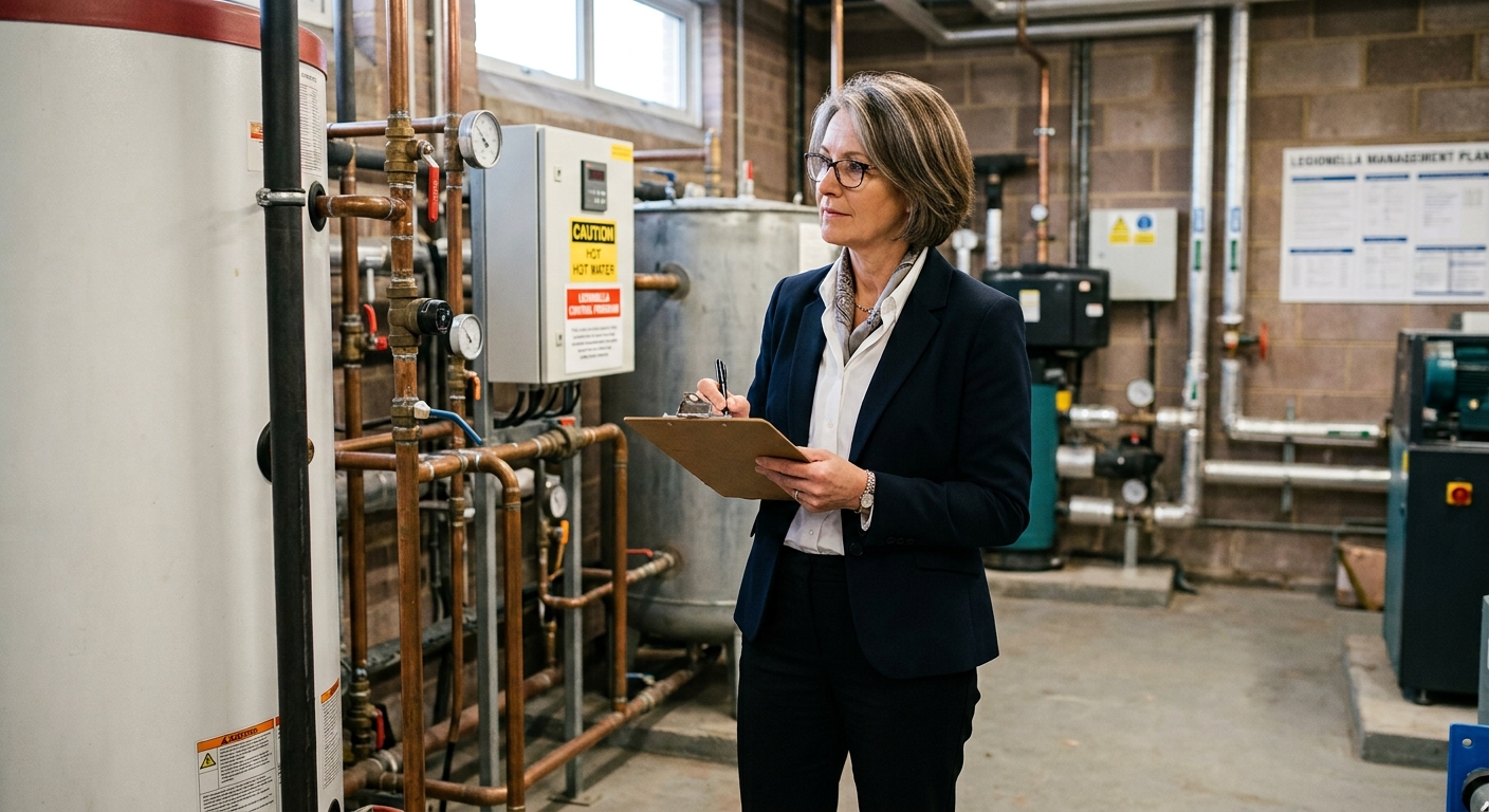 Facilities manager with a clipboard checking hot and cold water pipework in a plant room