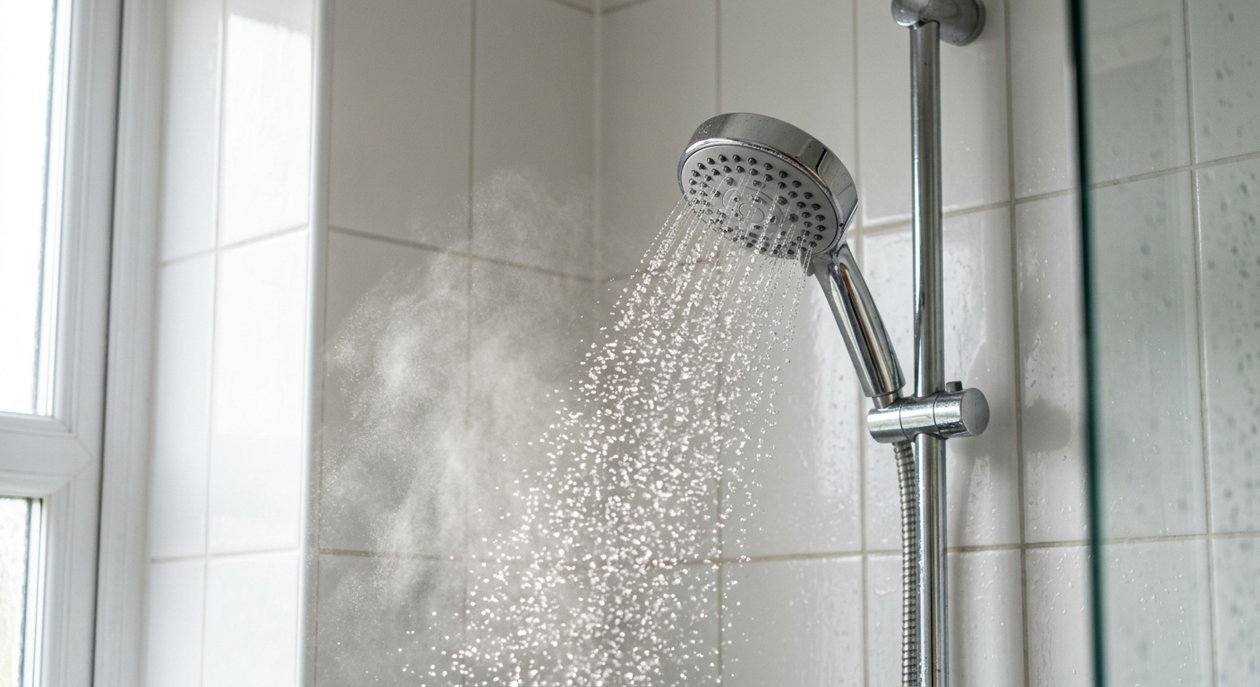 Close-up of a shower head releasing a fine spray of water droplets in a white-tiled bathroom