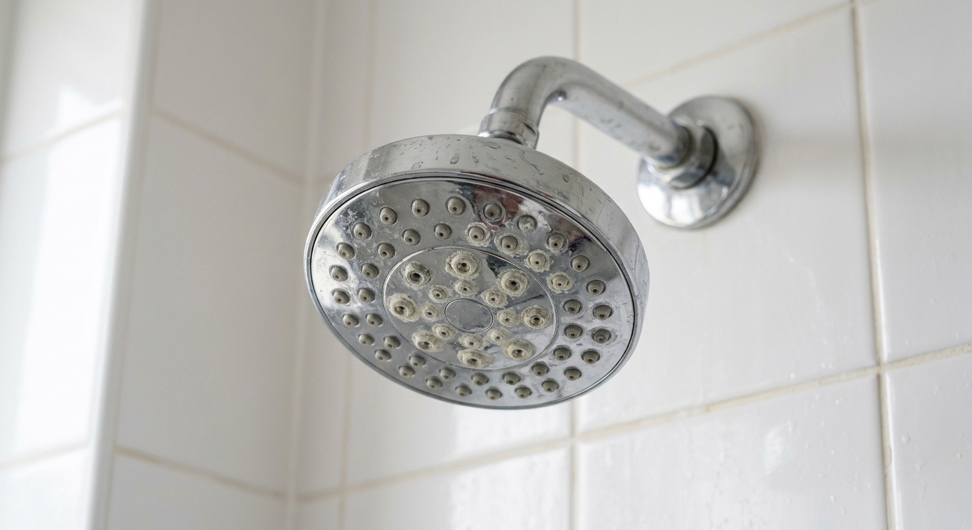 Close-up of a wall-mounted showerhead with limescale on the nozzles in a white-tiled shower