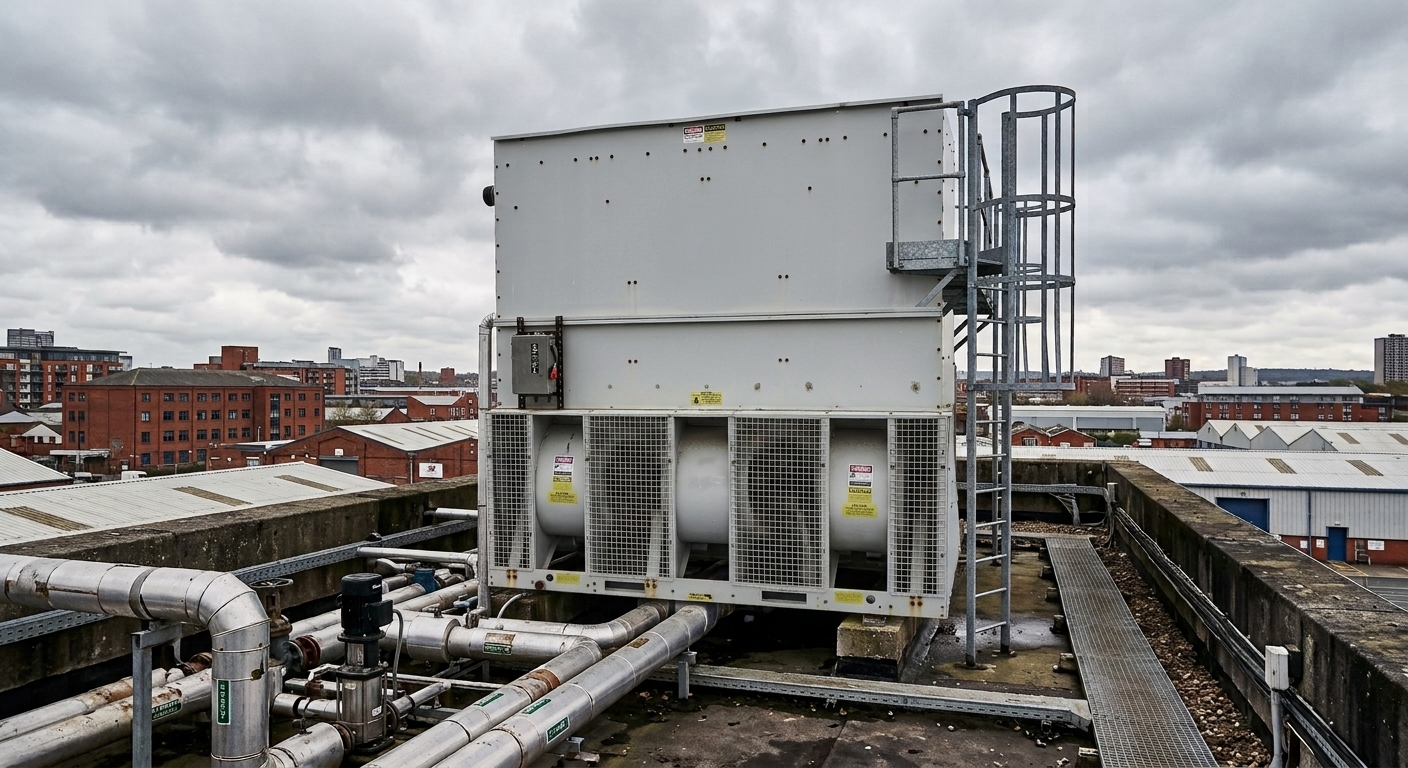 Rooftop cooling tower with fan housing and pipework on a UK commercial building under a grey sky