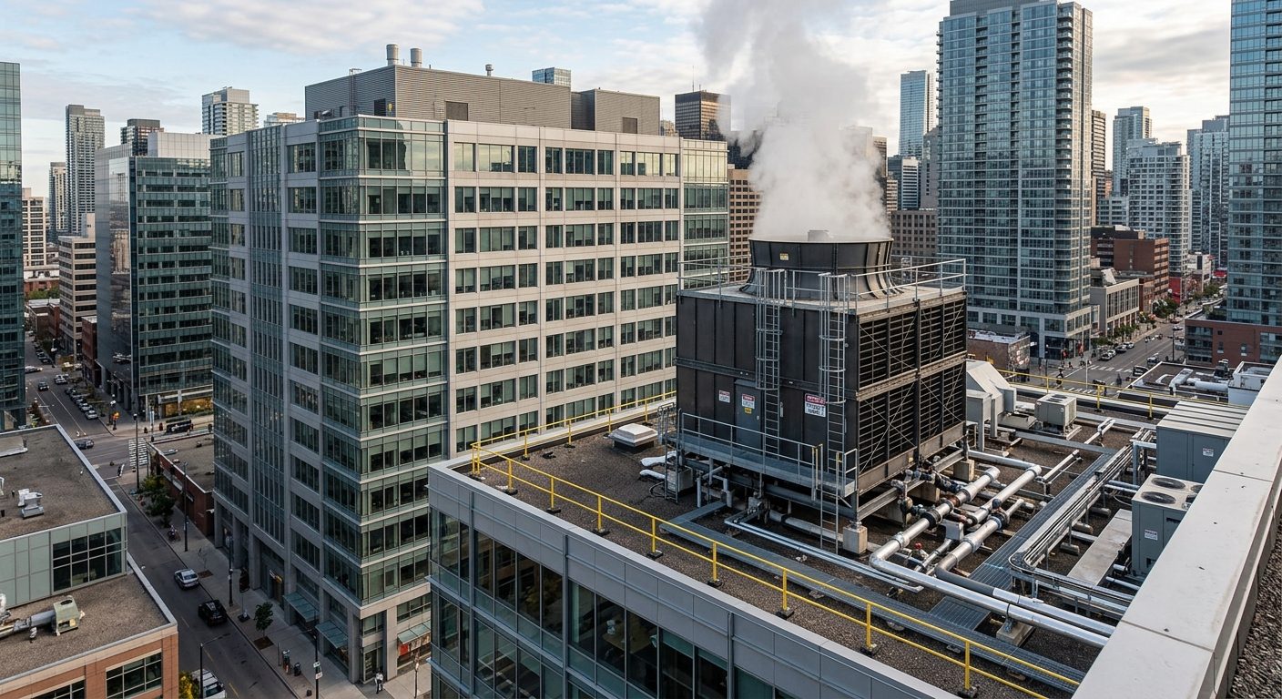 Rooftop evaporative cooling tower on a UK commercial building