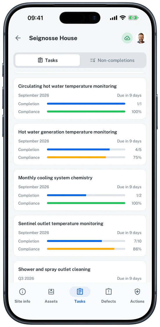Legionella Logbook mobile app showing a site's tasks list