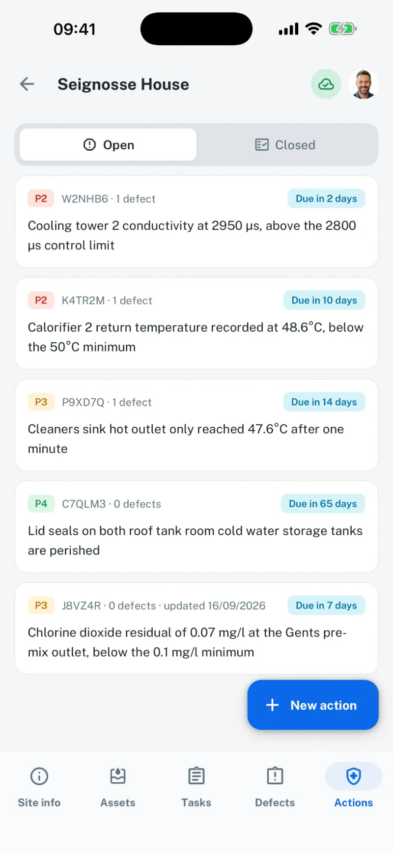 Legionella Logbook mobile app listing a site's open remedial actions with priority and due date