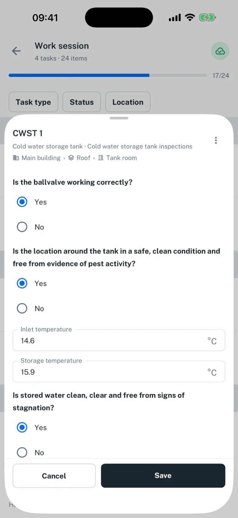Legionella Logbook mobile app completing a cold water storage tank inspection
