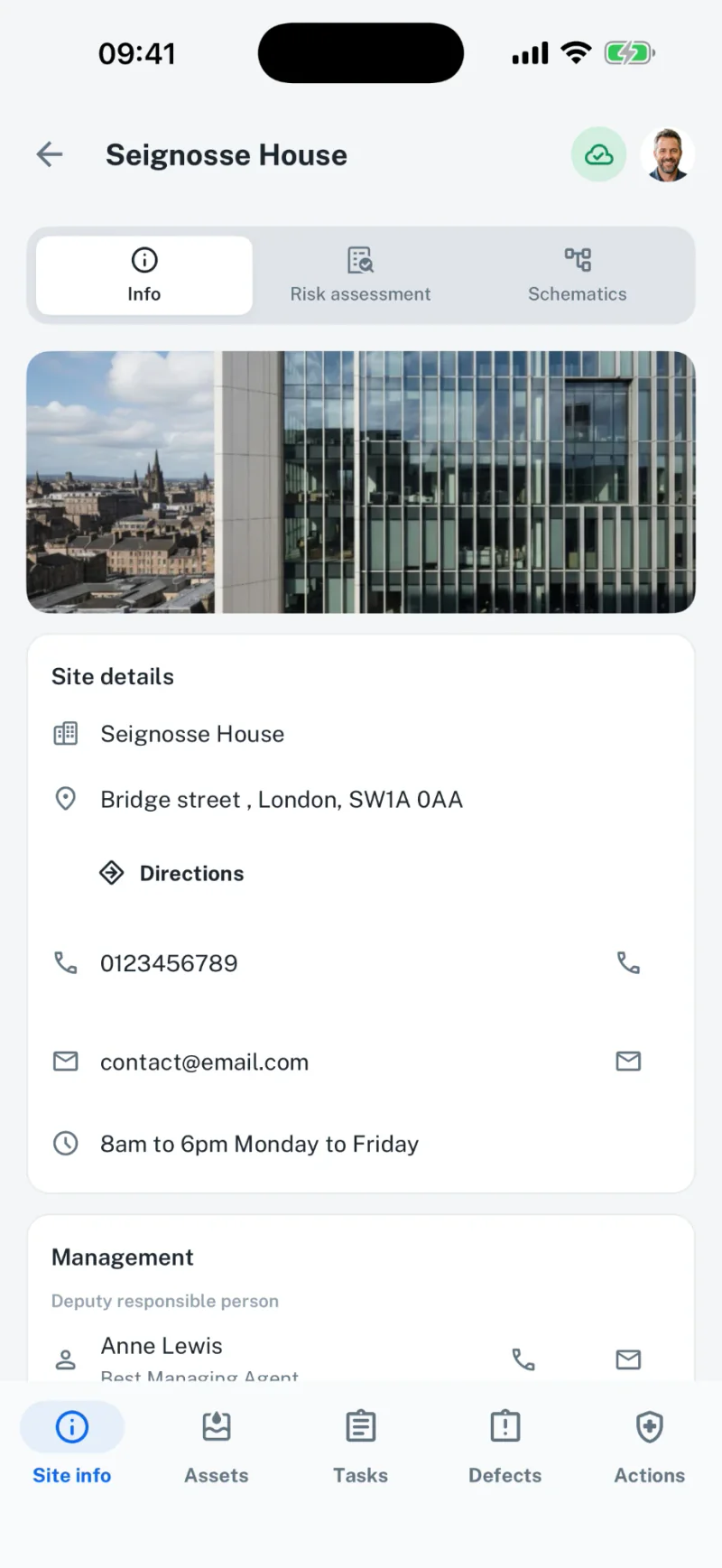 Legionella Logbook mobile app site info: photo, address, contact details and management