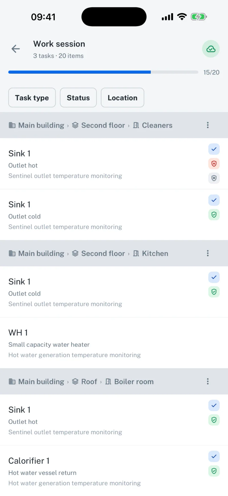 Legionella Logbook mobile app work session, different task types done in one session