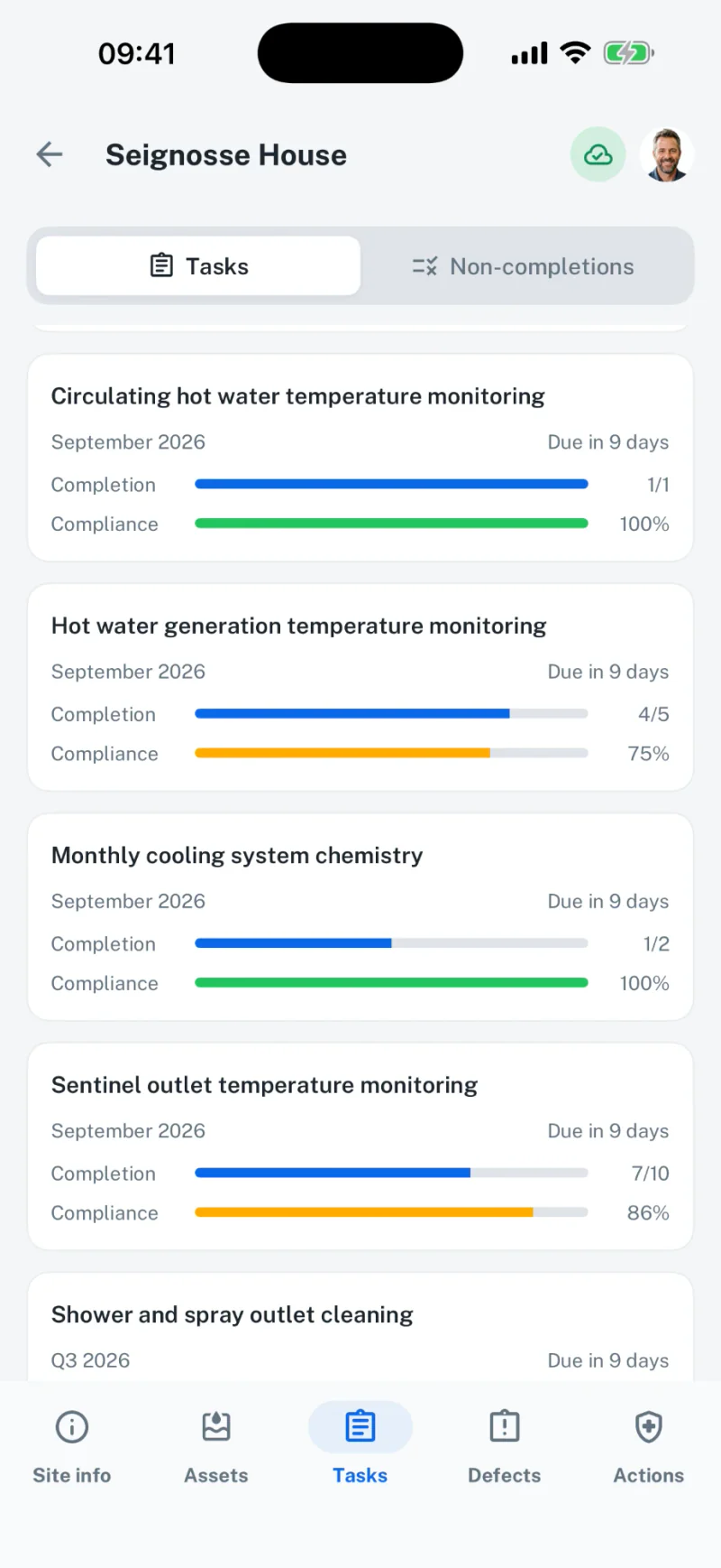 Legionella Logbook mobile app showing a site's tasks list with completion and compliance levels