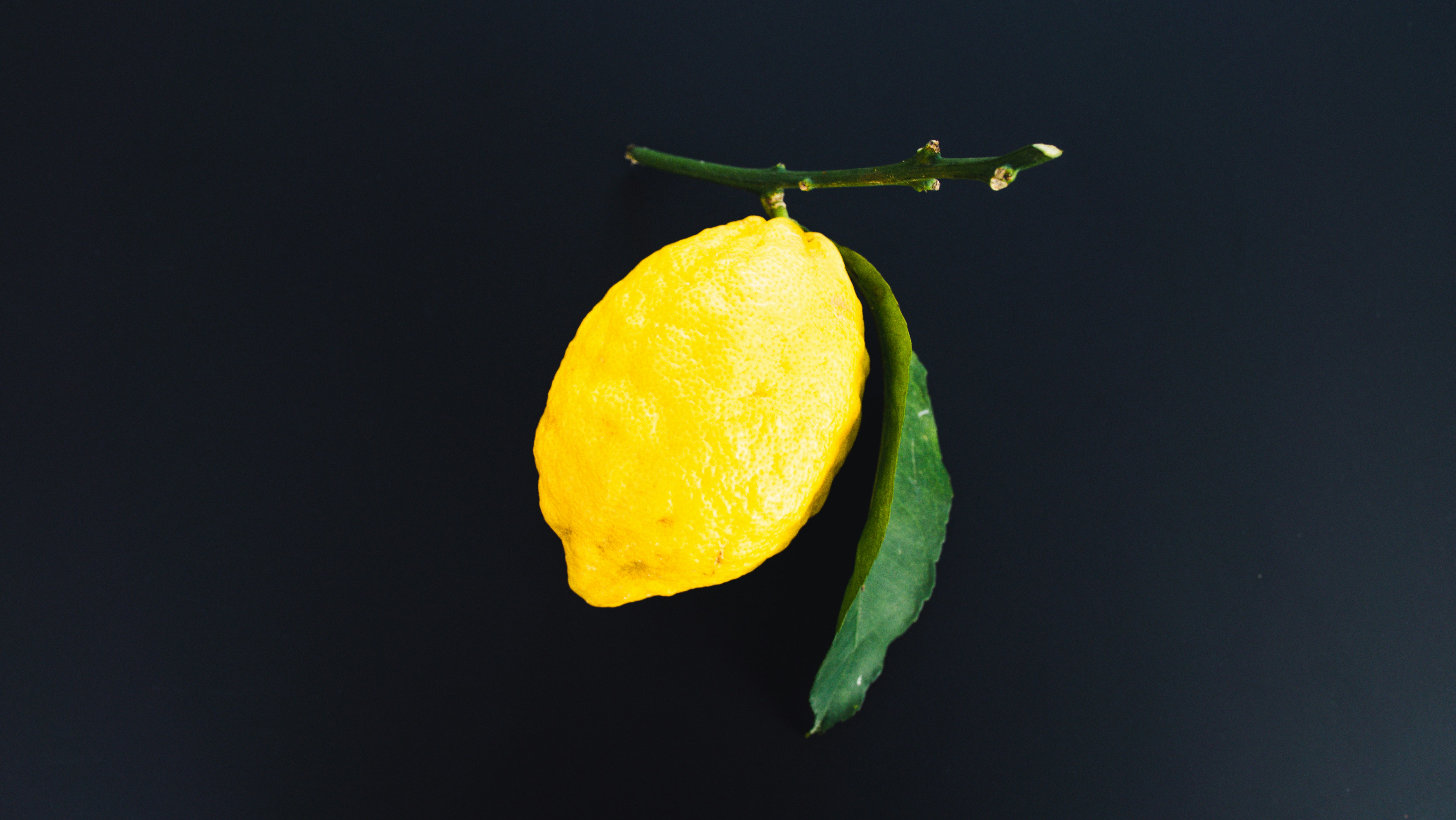 A single lemon with a green leaf attached, against a dark background.