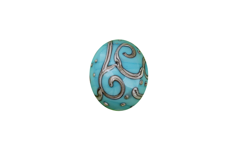 Perle en verre d'artisan - ovale - turquoise / beige