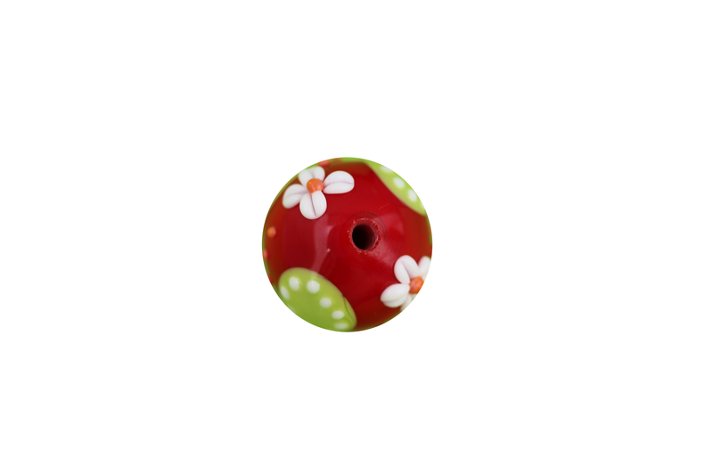 Perle en verre d'artisan - ronde - fleur - rouge - multi couleurs