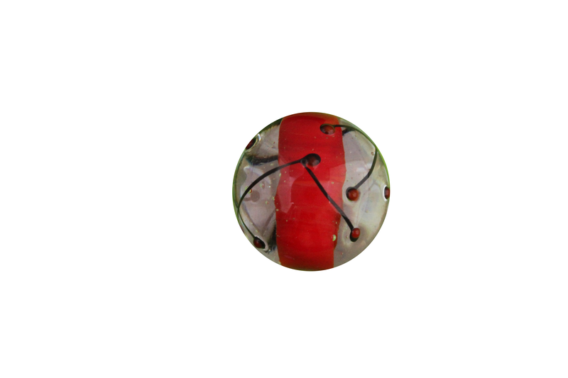 Perle en verre d'artisan - ronde - transparent centre rouge -lignes noir