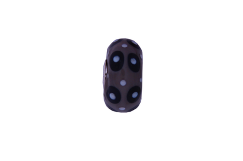Perle en verre d'artisan - roue - gris- pois noir/blanc