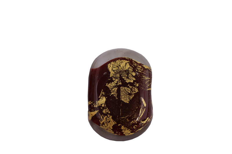 Perle en verre d'artisan - ovale plate - bordeaux feuille d'argent
