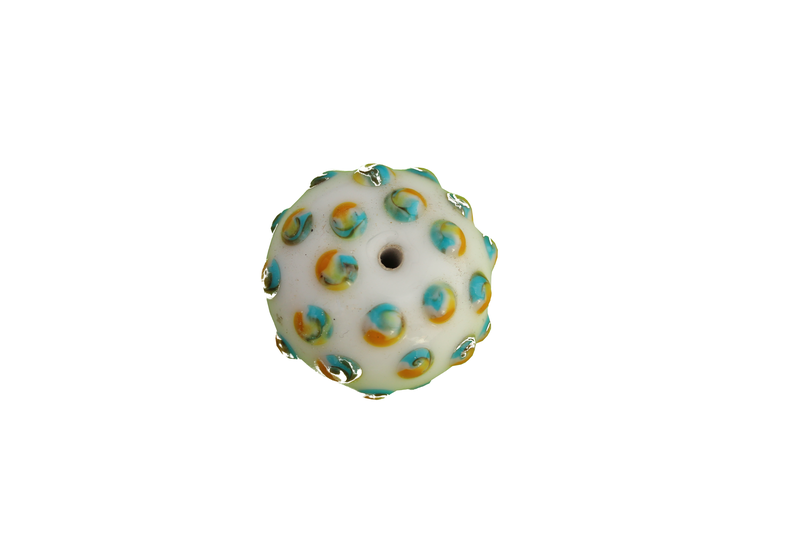 Perle en verre d'artisan - ronde - blanc pois vert / jaune