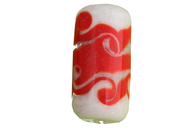 Perle en verre d'artisan - cylindre - blanc - spirales orange